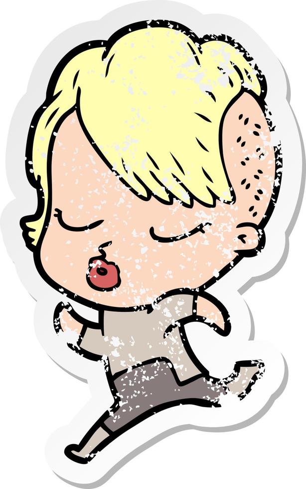 distressed sticker of a cartoon pretty hipster girl vector