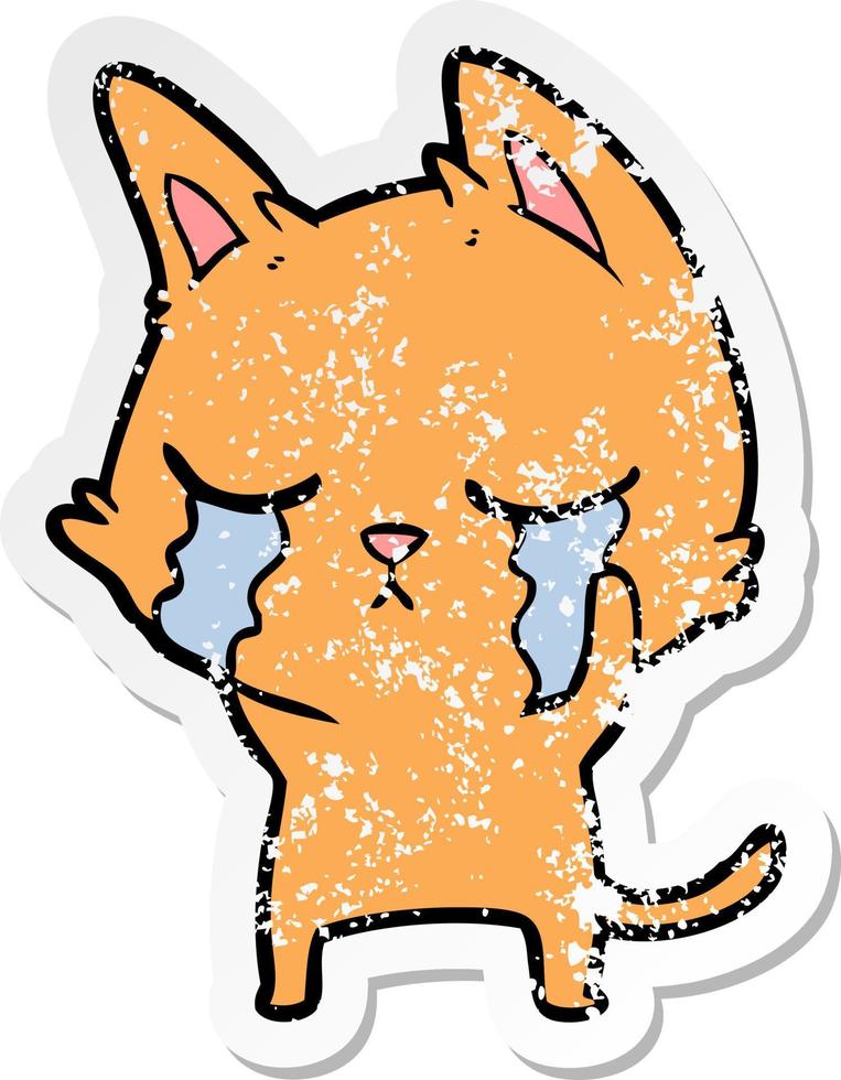 distressed sticker of a crying cartoon cat vector