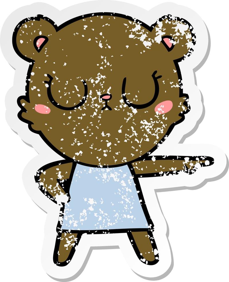 distressed sticker of a peaceful cartoon bear in dress pointing vector