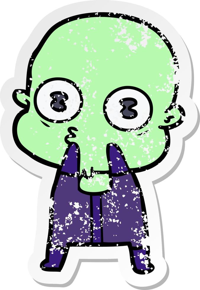 distressed sticker of a cartoon weird bald spaceman vector