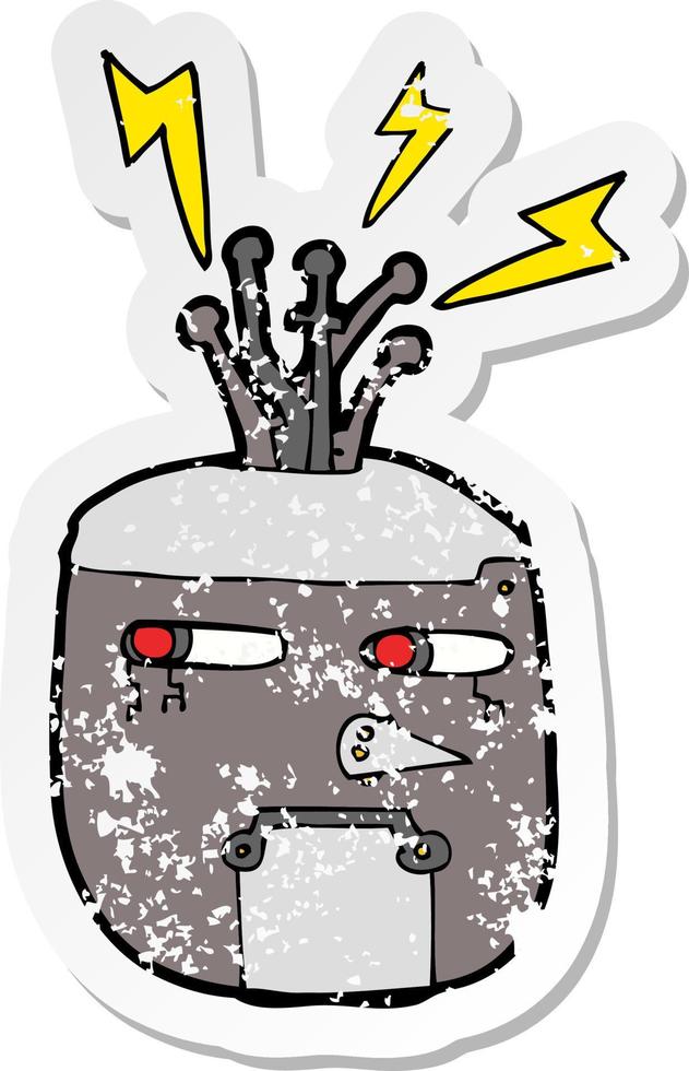 retro distressed sticker of a cartoon robot head vector