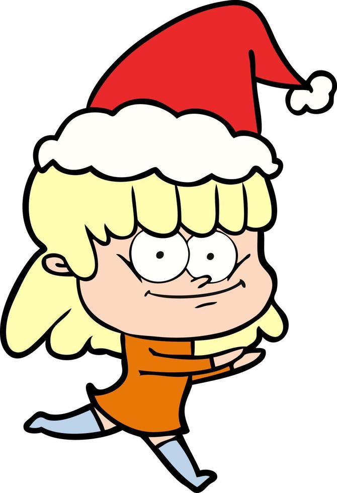 line drawing of a smiling woman wearing santa hat vector