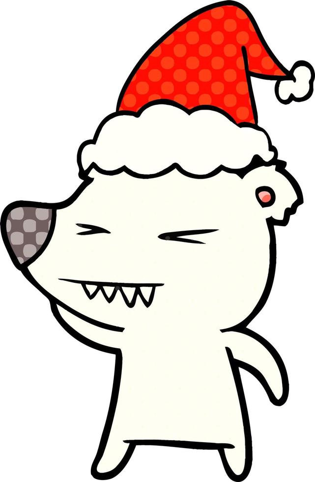 angry polar bear comic book style illustration of a wearing santa hat vector