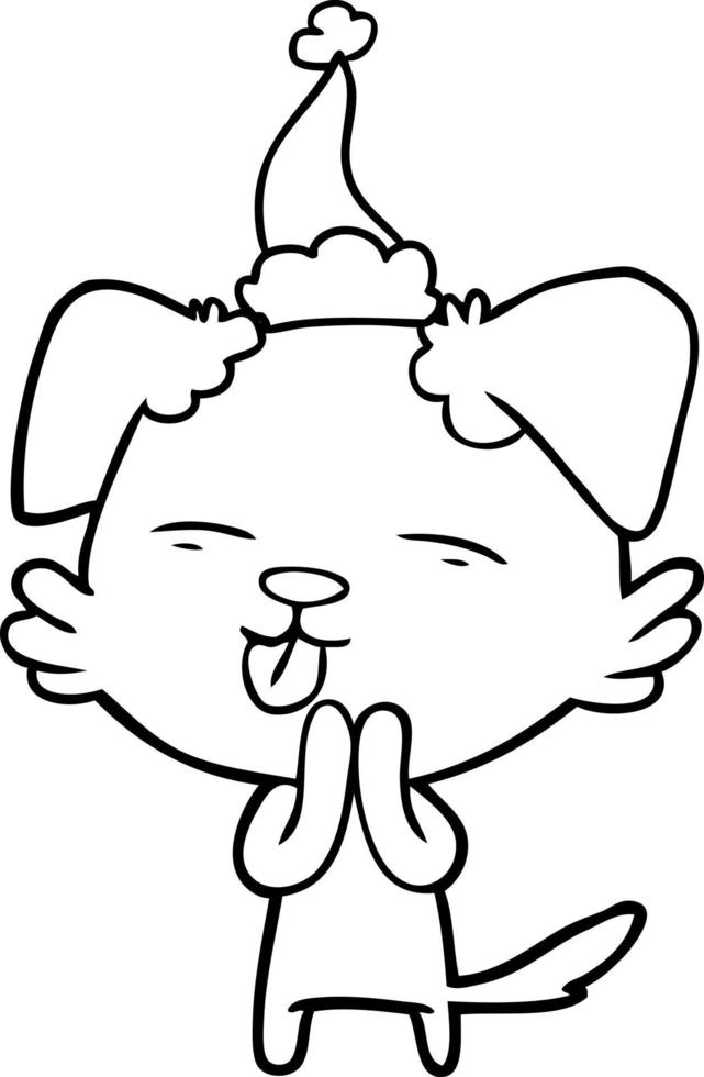 line drawing of a dog sticking out tongue wearing santa hat vector