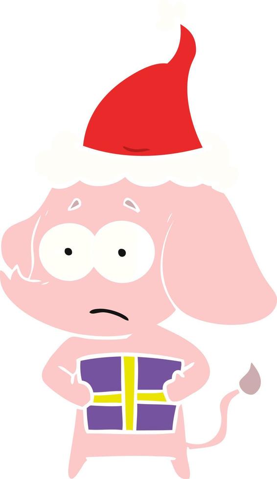 flat color illustration of a unsure elephant with christmas present wearing santa hat vector
