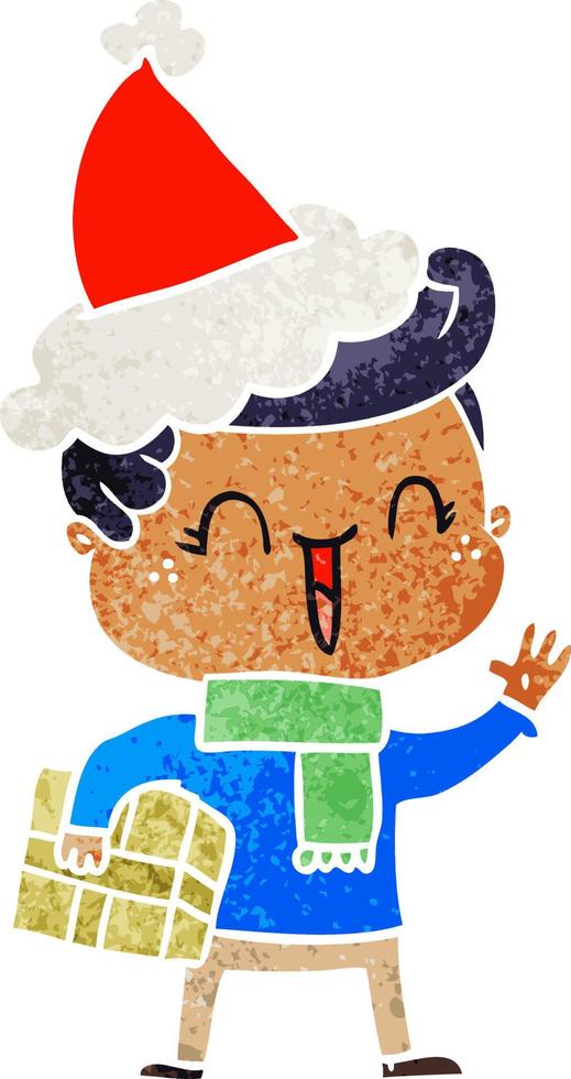 retro cartoon of a laughing boy wearing santa hat vector