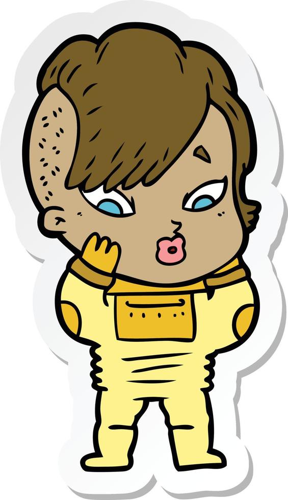 sticker of a cartoon surprised girl in science fiction clothes vector