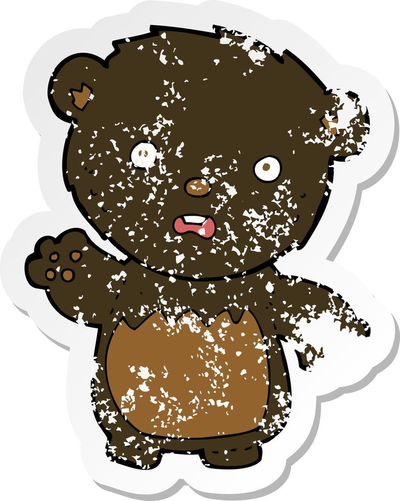 retro distressed sticker of a cartoon worried black bear vector