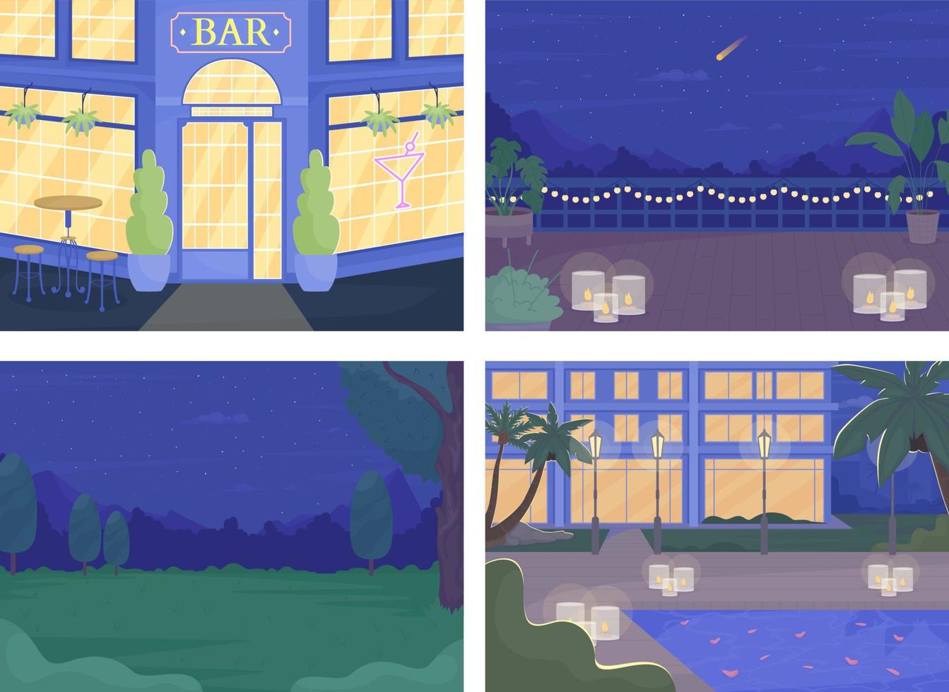 Nighttime scenes flat color vector illustrations set