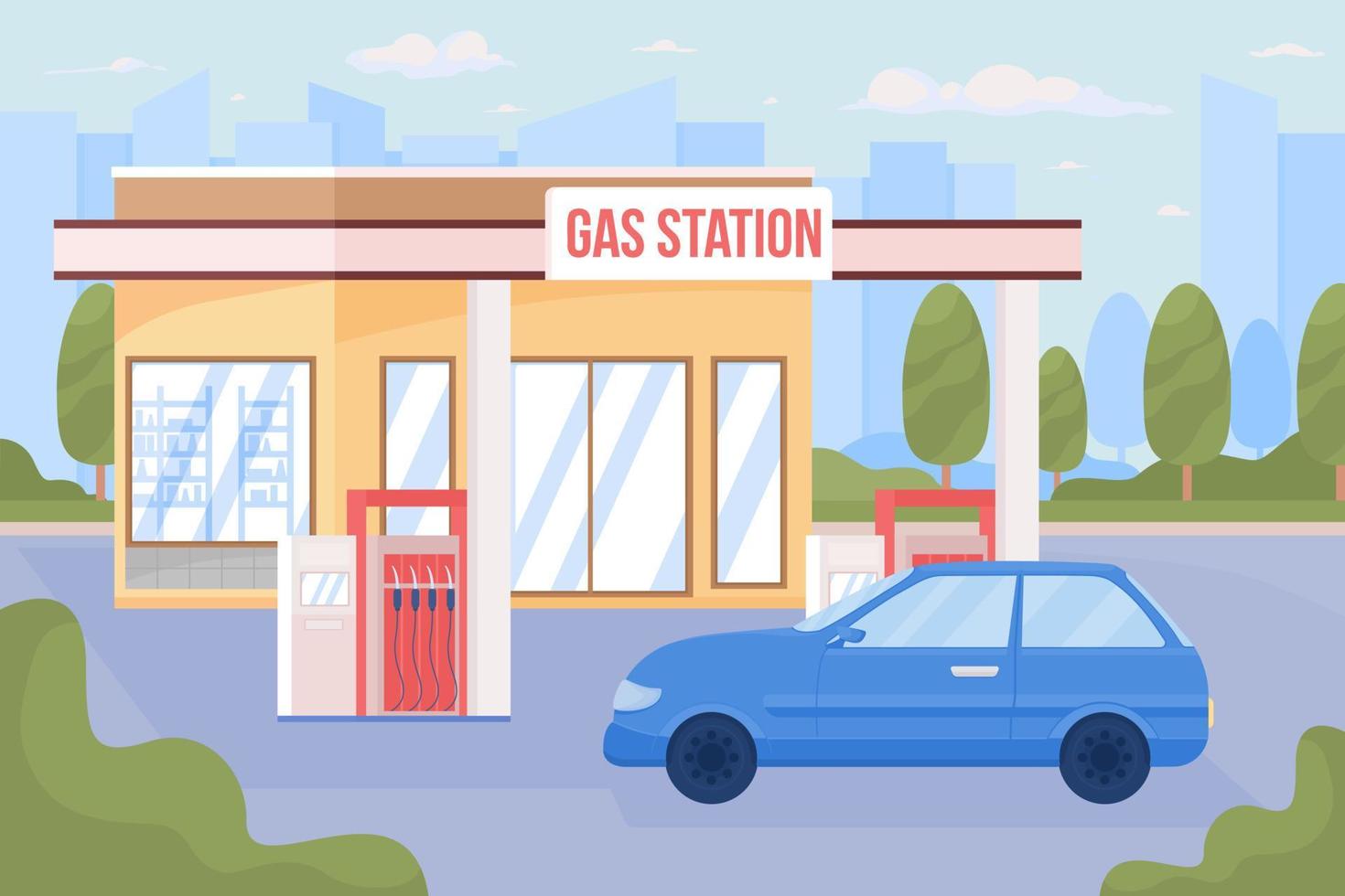 Gas station and car in city flat color vector illustration