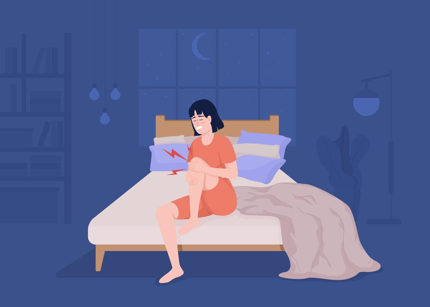 Nighttime knee pain flat color vector illustration