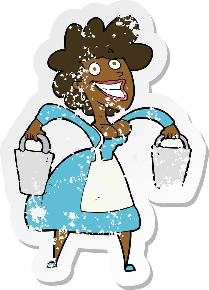 retro distressed sticker of a cartoon milkmaid carrying buckets vector