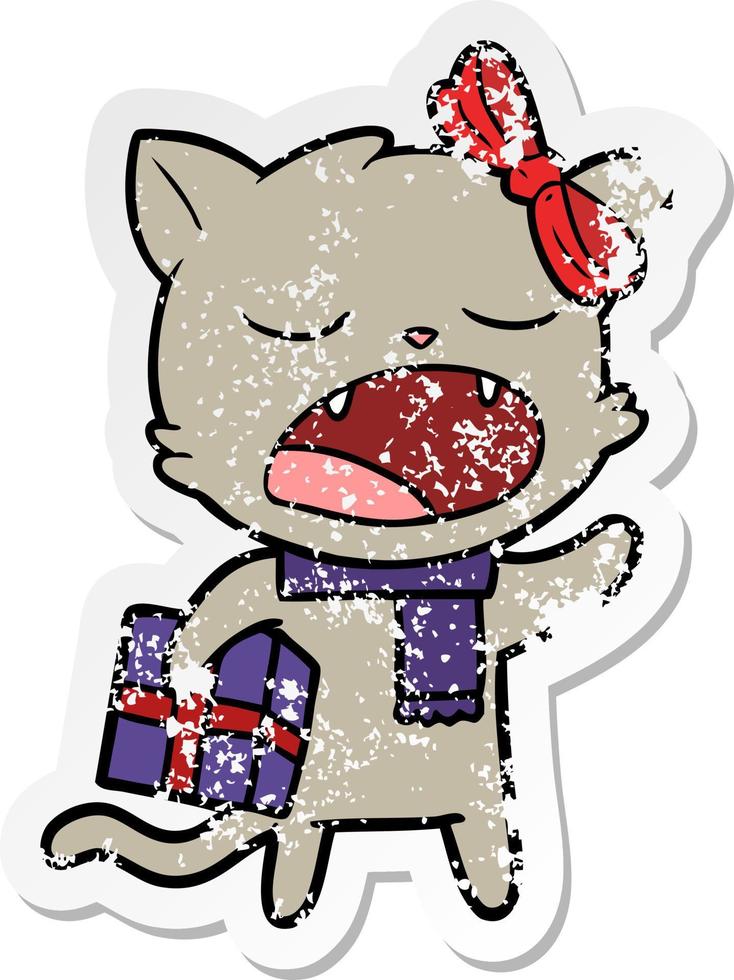 distressed sticker of a cartoon cat with christmas present vector