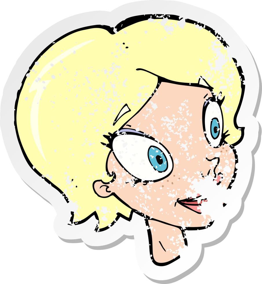 retro distressed sticker of a cartoon pretty female face vector