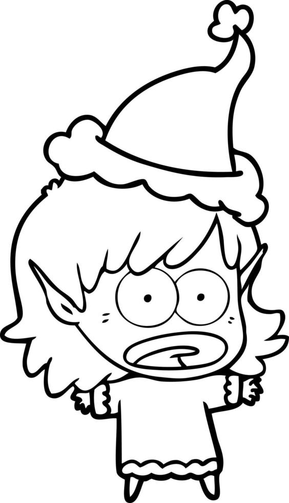line drawing of a shocked elf girl wearing santa hat vector
