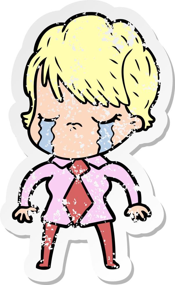 distressed sticker of a cartoon woman crying vector