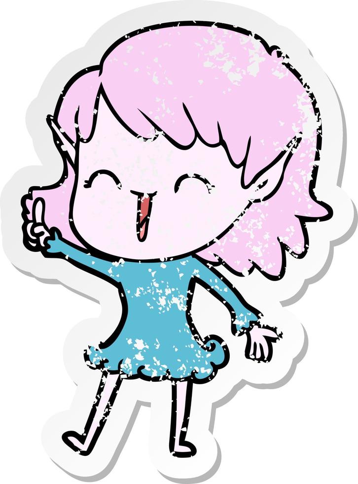distressed sticker of a cartoon elf girl vector