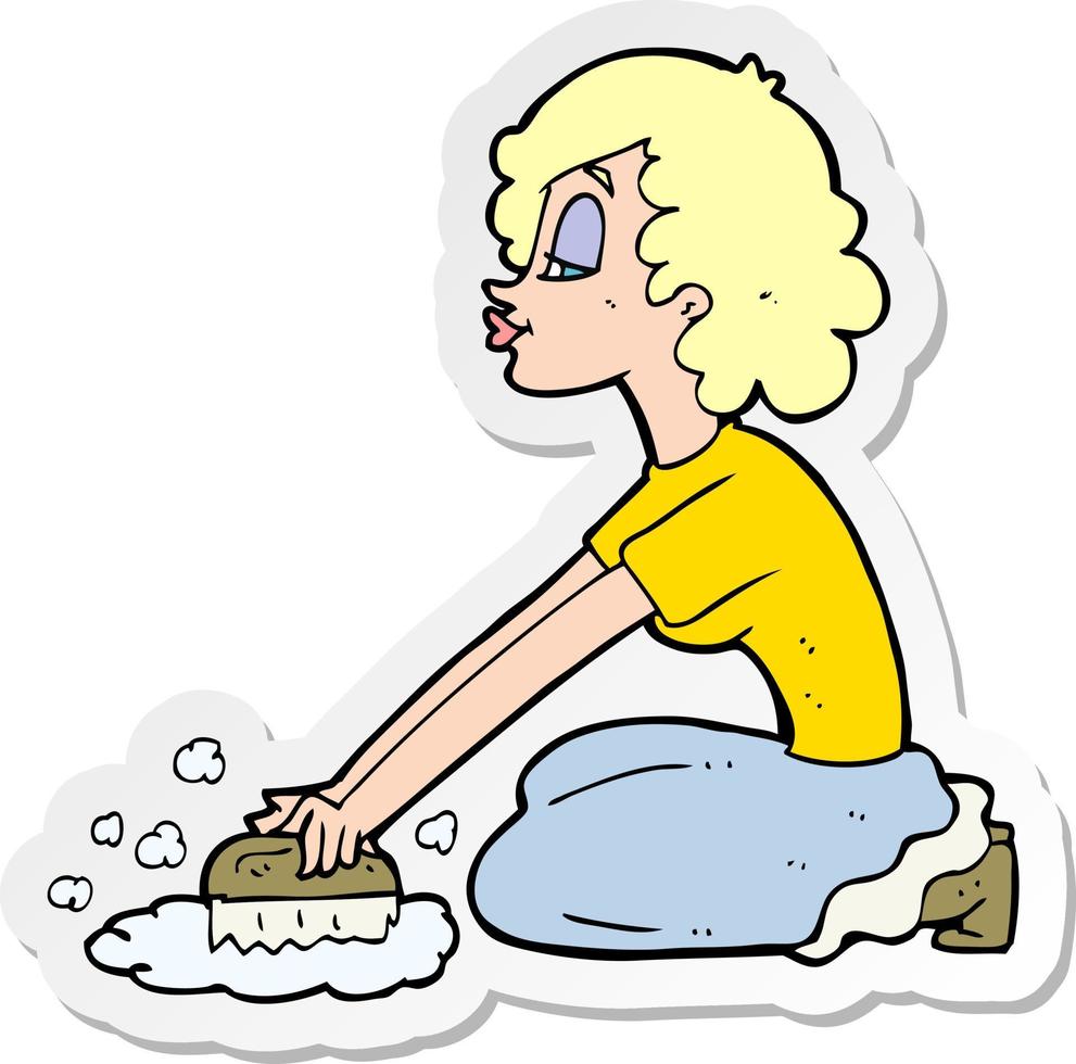 sticker of a cartoon woman scrubbing floor vector