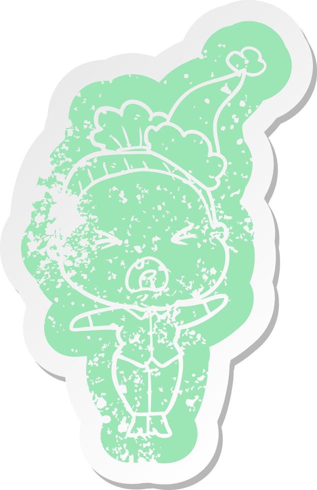 cartoon distressed sticker of a angry old woman wearing santa hat vector