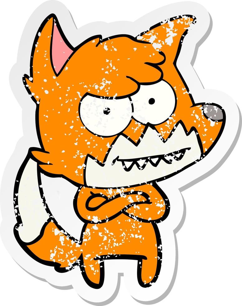 distressed sticker of a cartoon grinning fox vector
