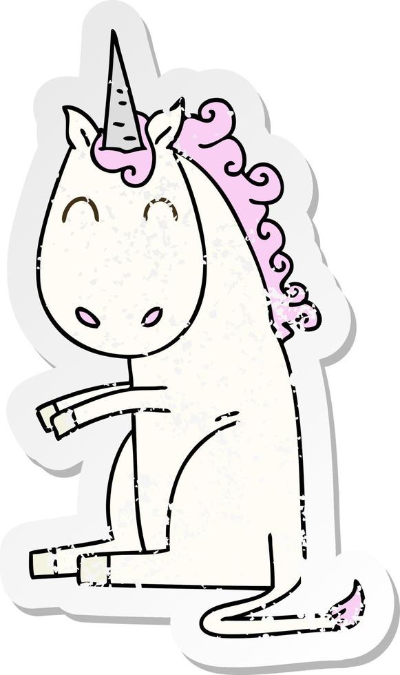 distressed sticker of a quirky hand drawn cartoon unicorn vector