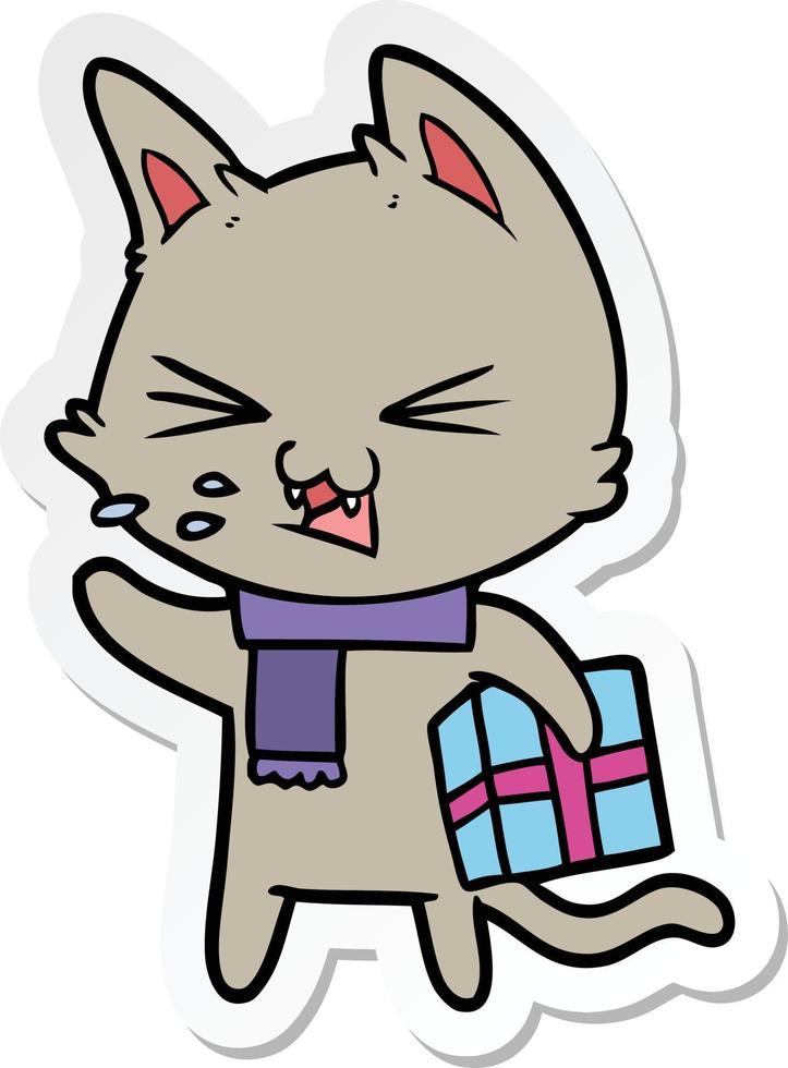 sticker of a cartoon hissing cat with christmas present vector