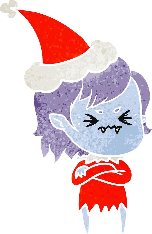 annoyed retro cartoon of a vampire girl wearing santa hat vector