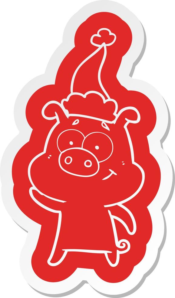 happy cartoon  sticker of a pig wearing santa hat vector