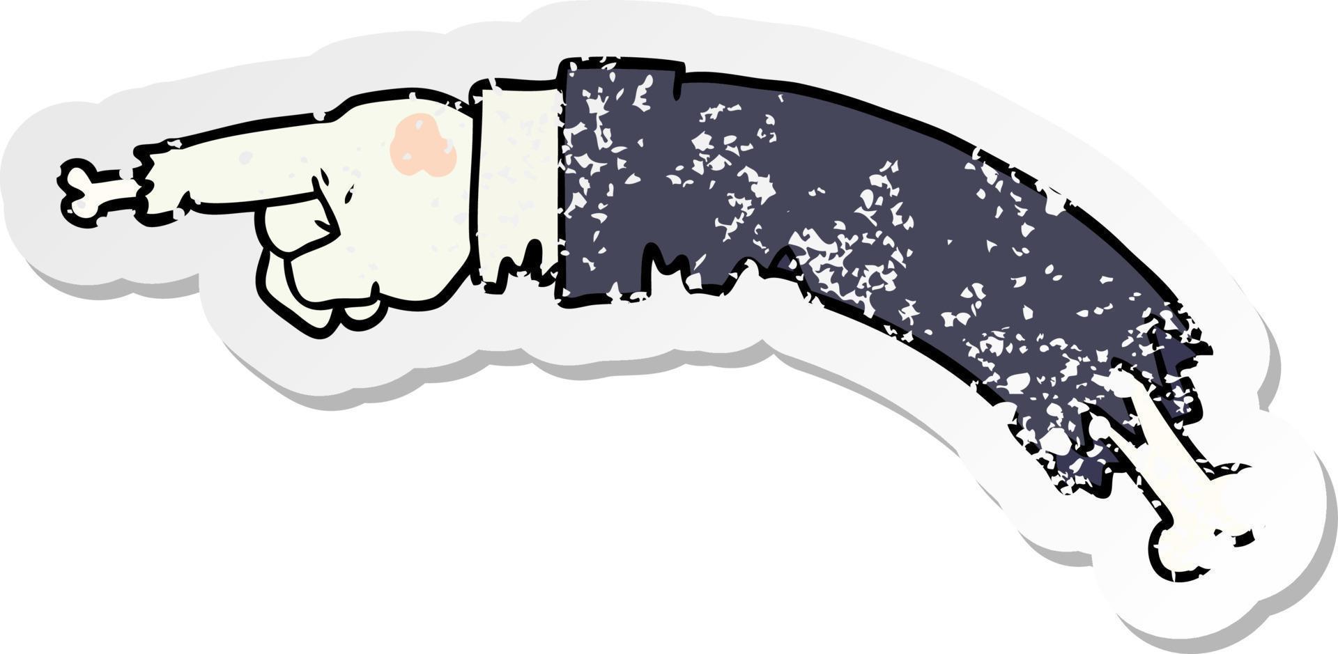distressed sticker of a cartoon pointing zombie hand vector