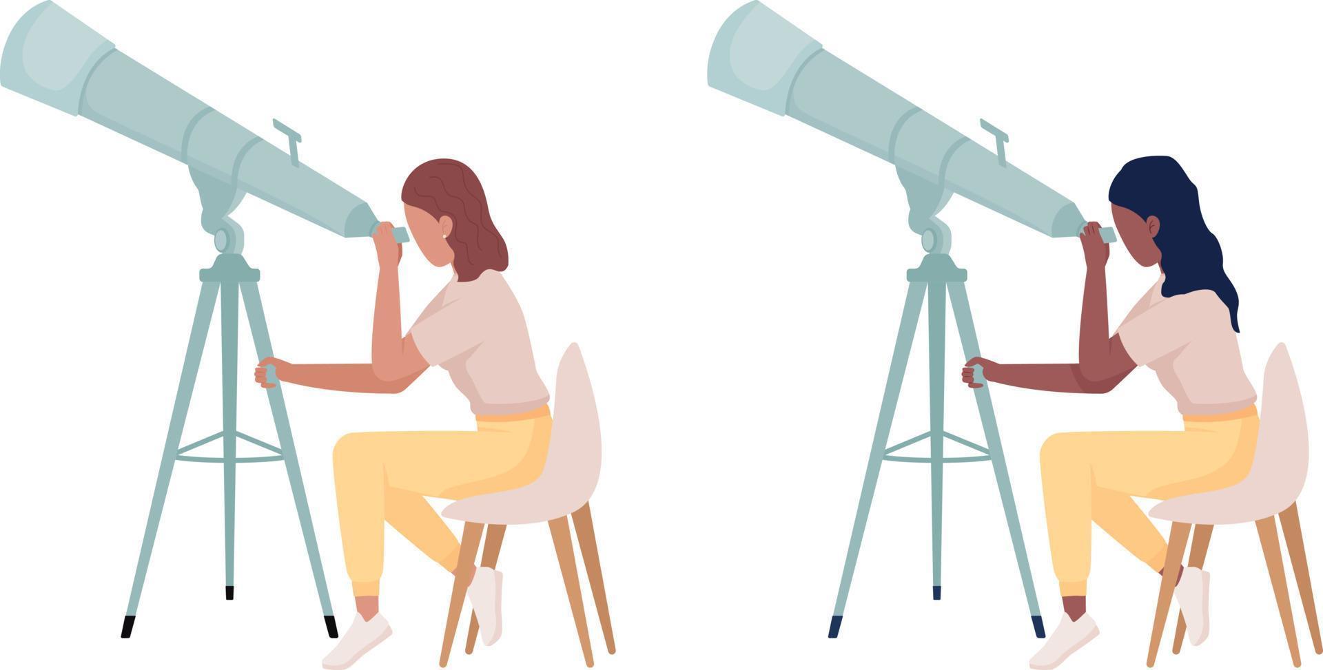 Astronomists with powerful telescopes semi flat color vector characters set