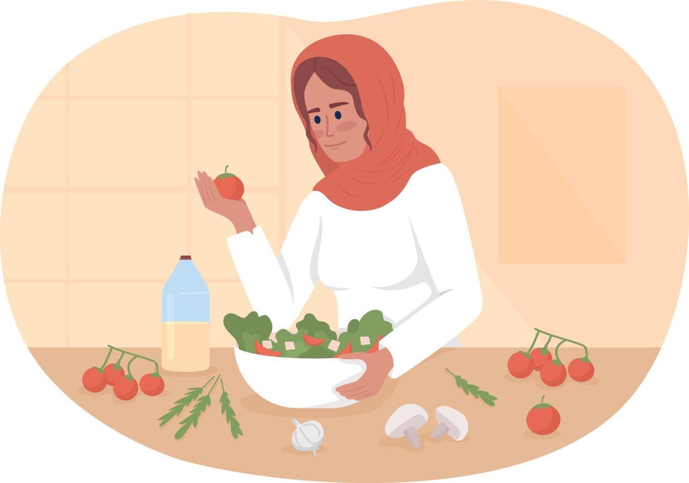 Preparing healthy and delicious salad 2D vector isolated illustration