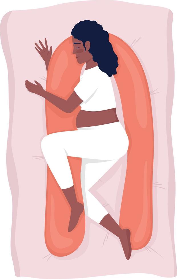 Pregnant woman resting with U shaped pillow 2D vector isolated illustration