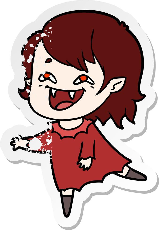 distressed sticker of a cartoon laughing vampire girl vector