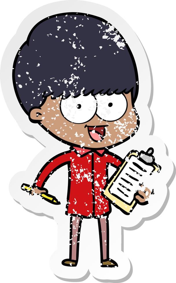 distressed sticker of a happy cartoon boy vector
