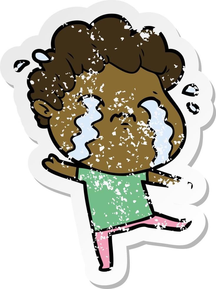 distressed sticker of a cartoon man crying vector