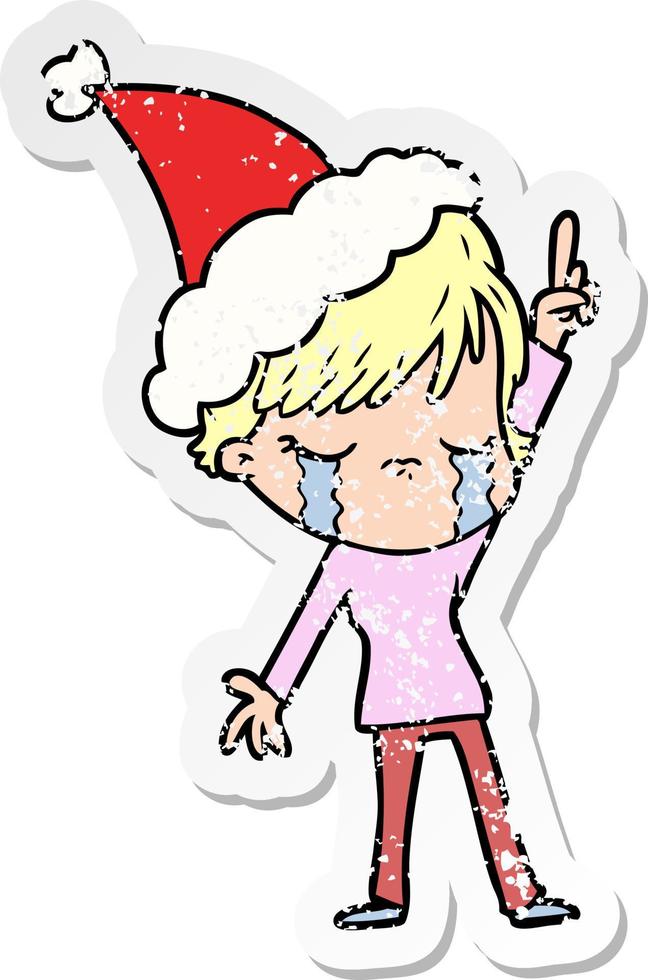 distressed sticker cartoon of a woman crying wearing santa hat vector