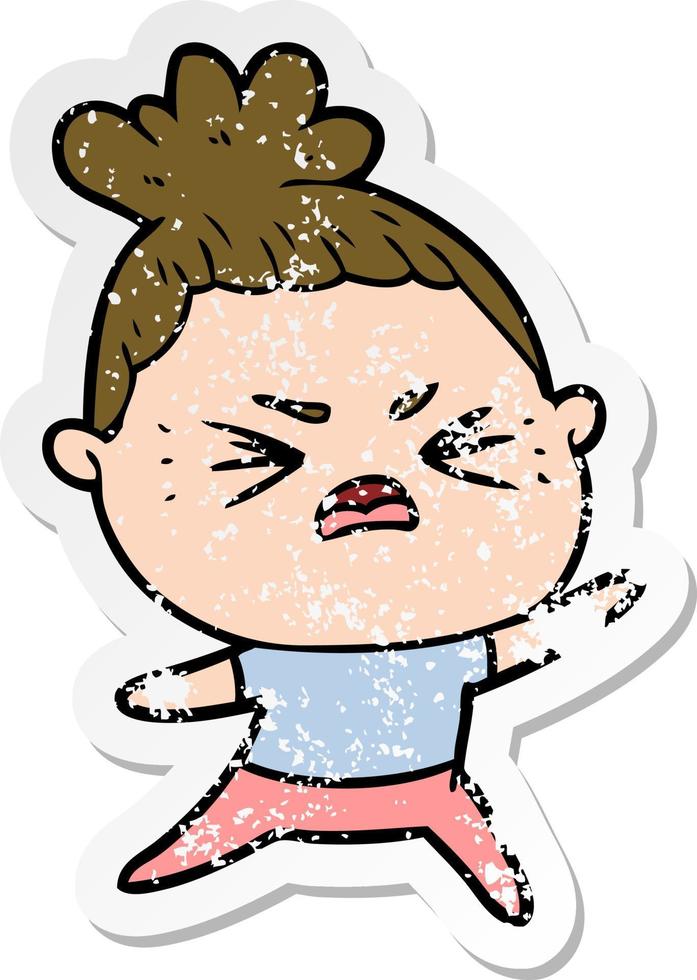 distressed sticker of a cartoon angry woman vector