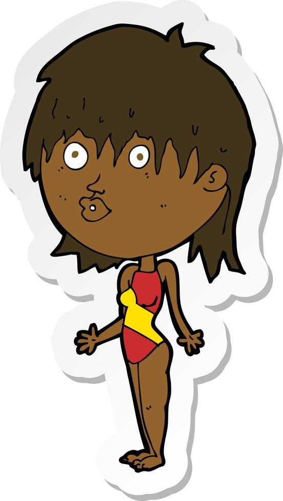 pegatina de una mujer de dibujos animados en traje de baño encogiéndose de hombros vector