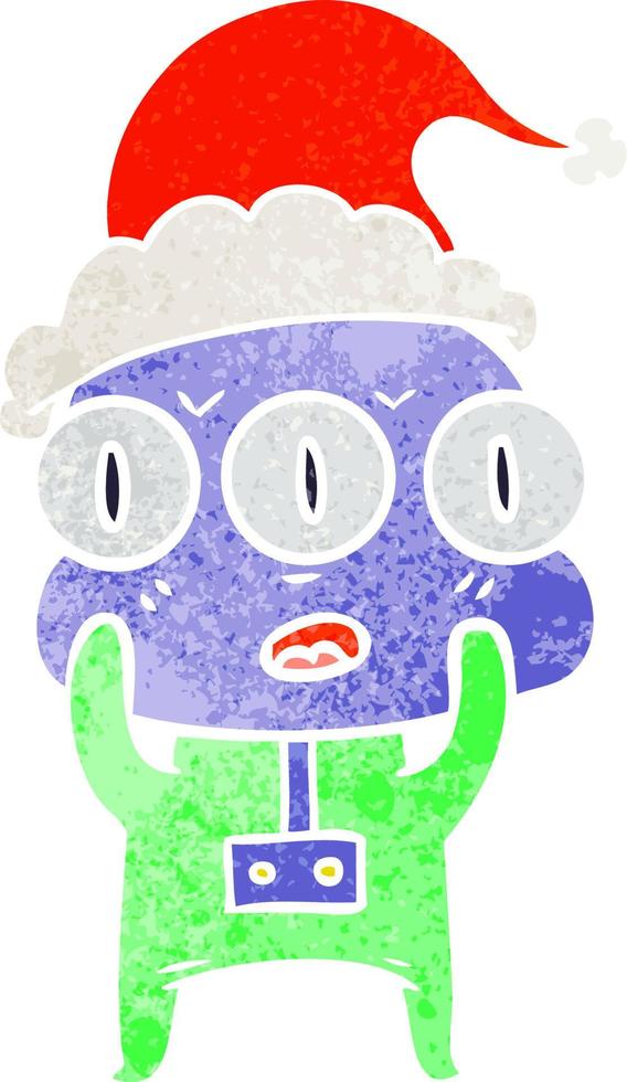 retro cartoon of a three eyed alien wearing santa hat vector