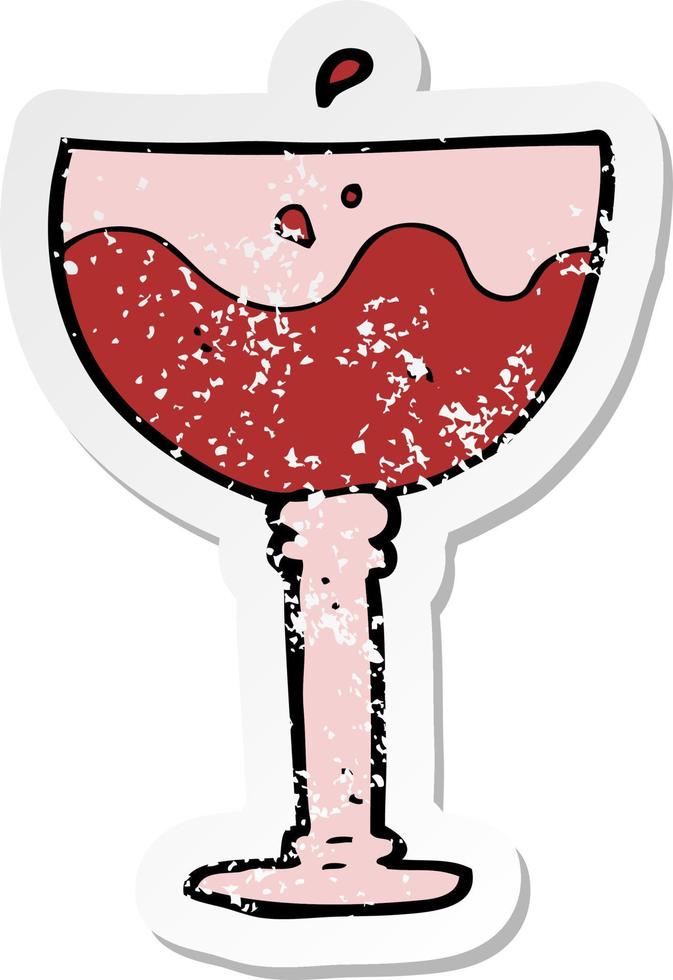 pegatina retro angustiada de una caricatura de una copa de vino tinto vector