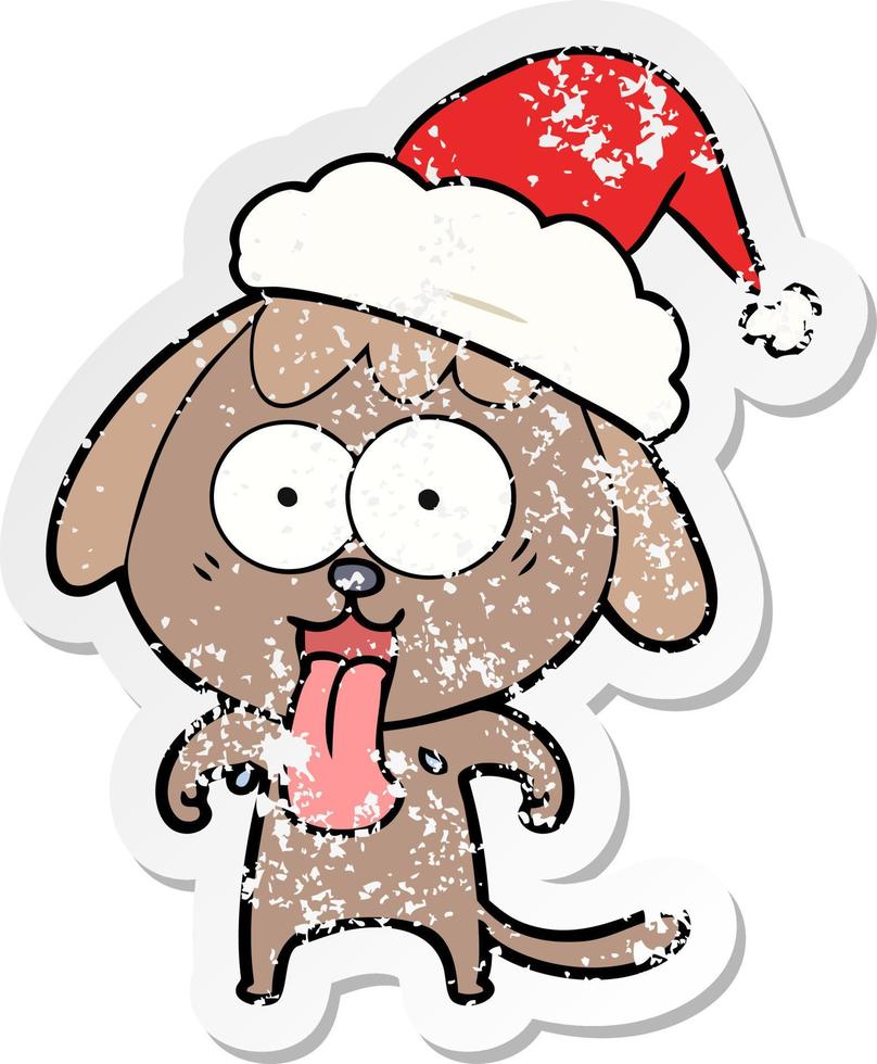 cute distressed sticker cartoon of a dog wearing santa hat vector
