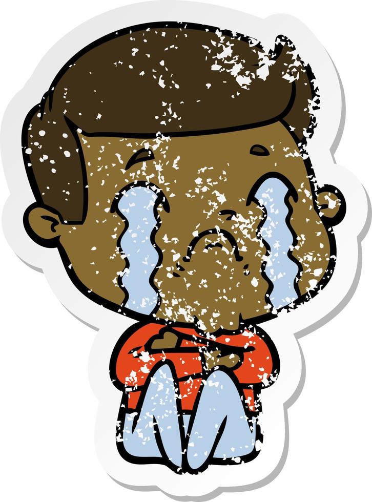 distressed sticker of a cartoon man crying vector