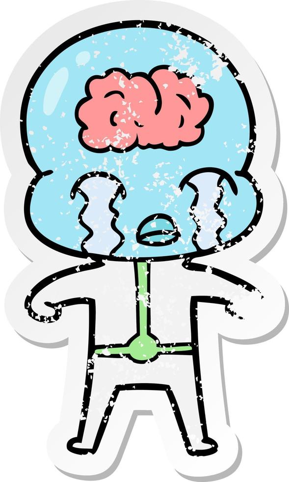 distressed sticker of a cartoon big brain alien crying vector