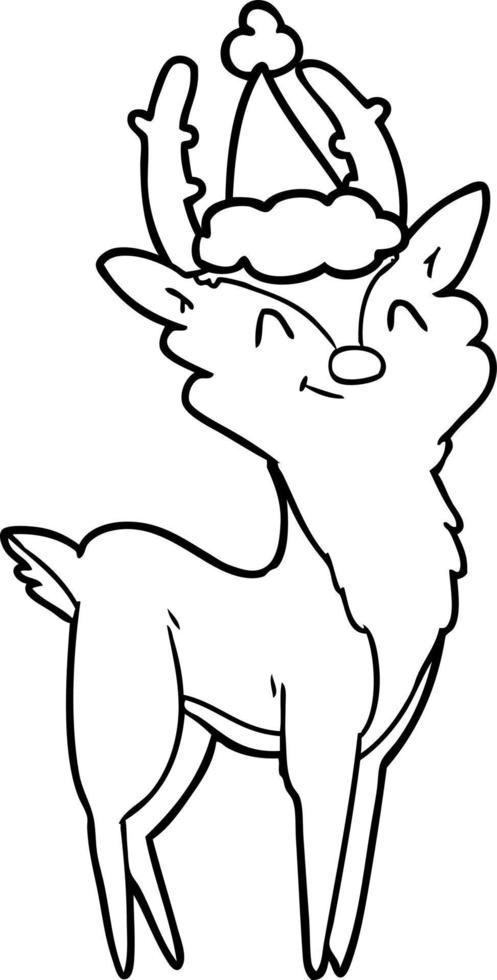 line drawing of a happy stag wearing santa hat vector