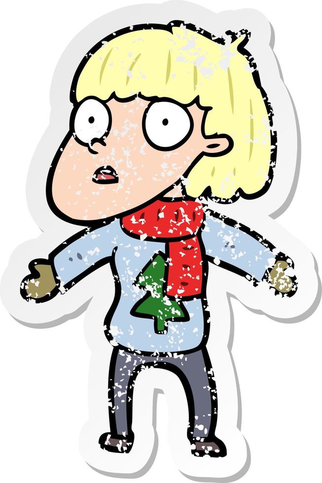distressed sticker of a cartoon surprised christmas person vector