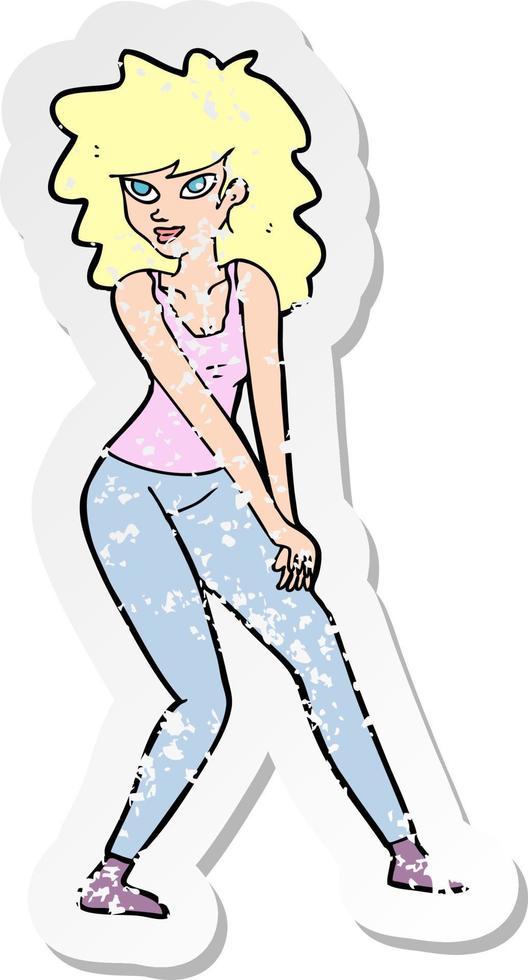 retro distressed sticker of a cartoon woman posing vector