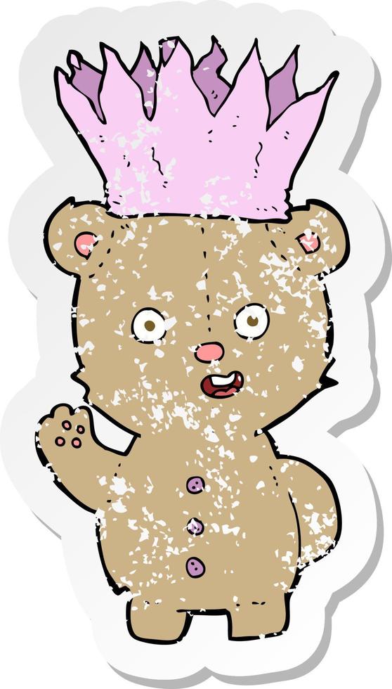 retro distressed sticker of a cartoon teddy bear wearing paper crown vector