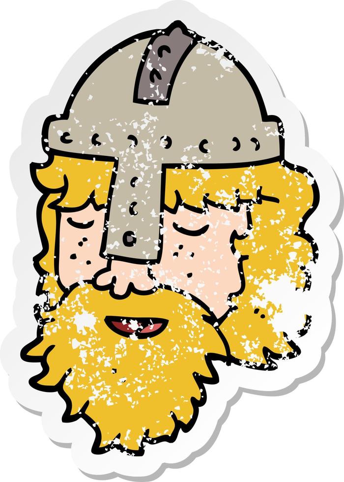 distressed sticker of a cartoon viking face vector