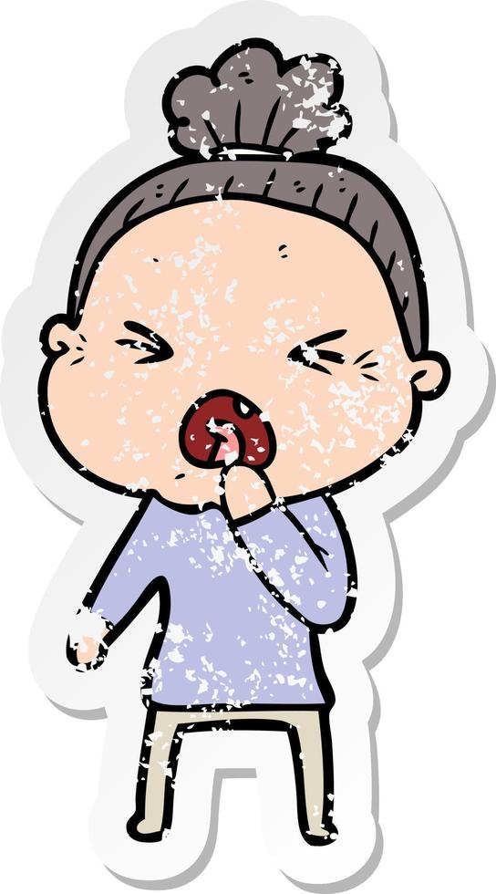 distressed sticker of a cartoon angry old woman vector