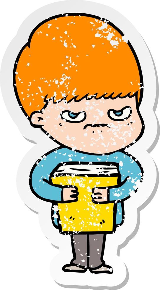 distressed sticker of a annoyed cartoon boy vector